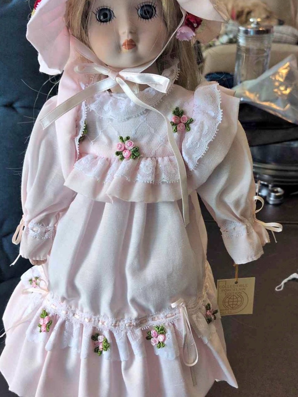 Porcelain Collectible Doll in Pink Floral Dress